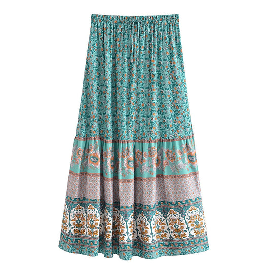 Floral Peacock Printed High Elastic Maxi A-Line Boho Skirt