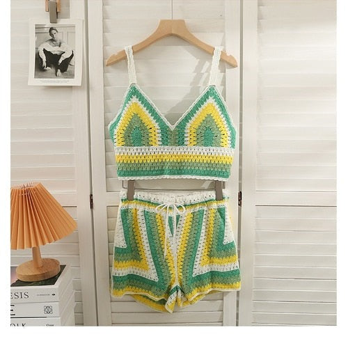 Boho Style Crochet Knitted Beachwear Two Piece Set