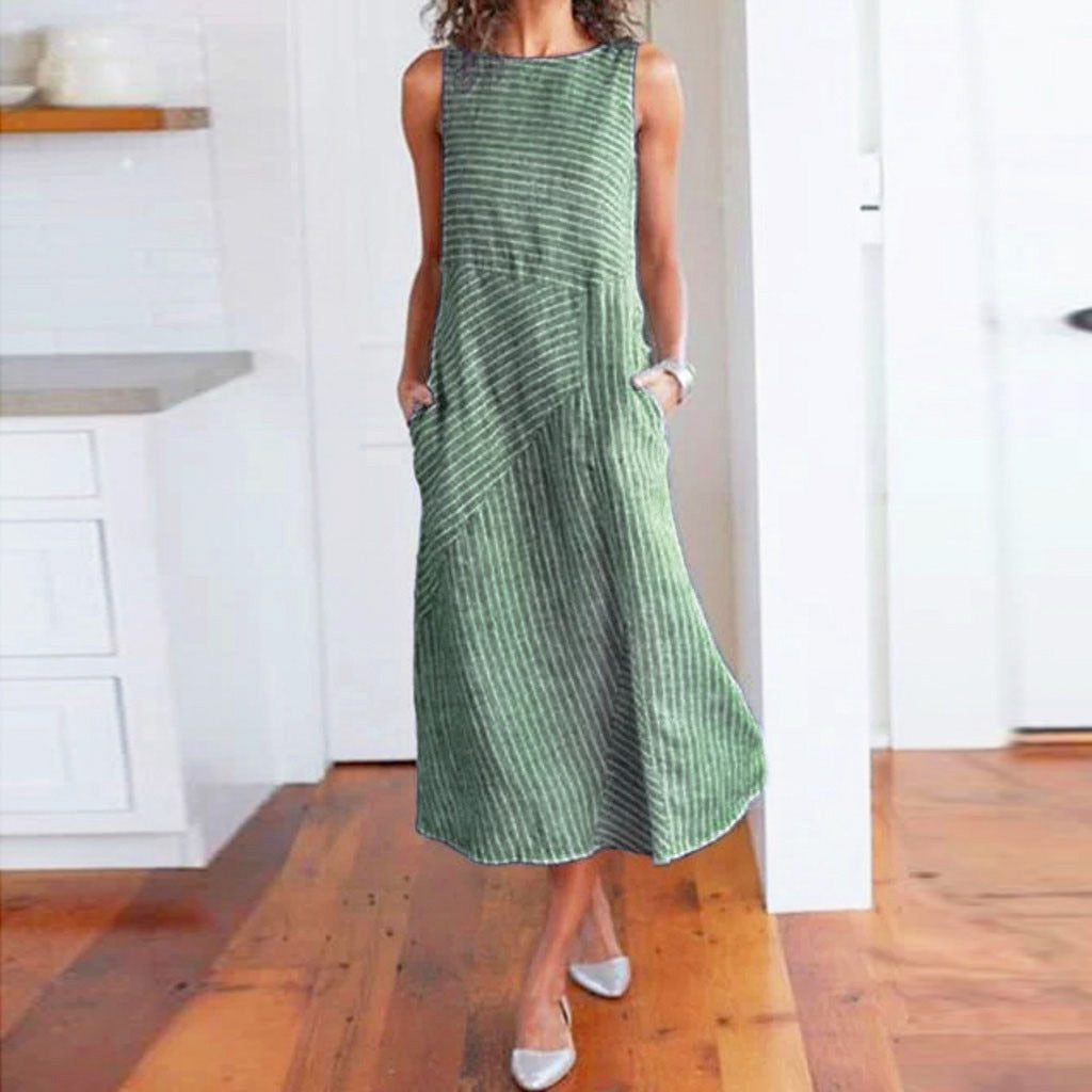 Sexy Striped Print Sleeveless Linen Pocket Sundress