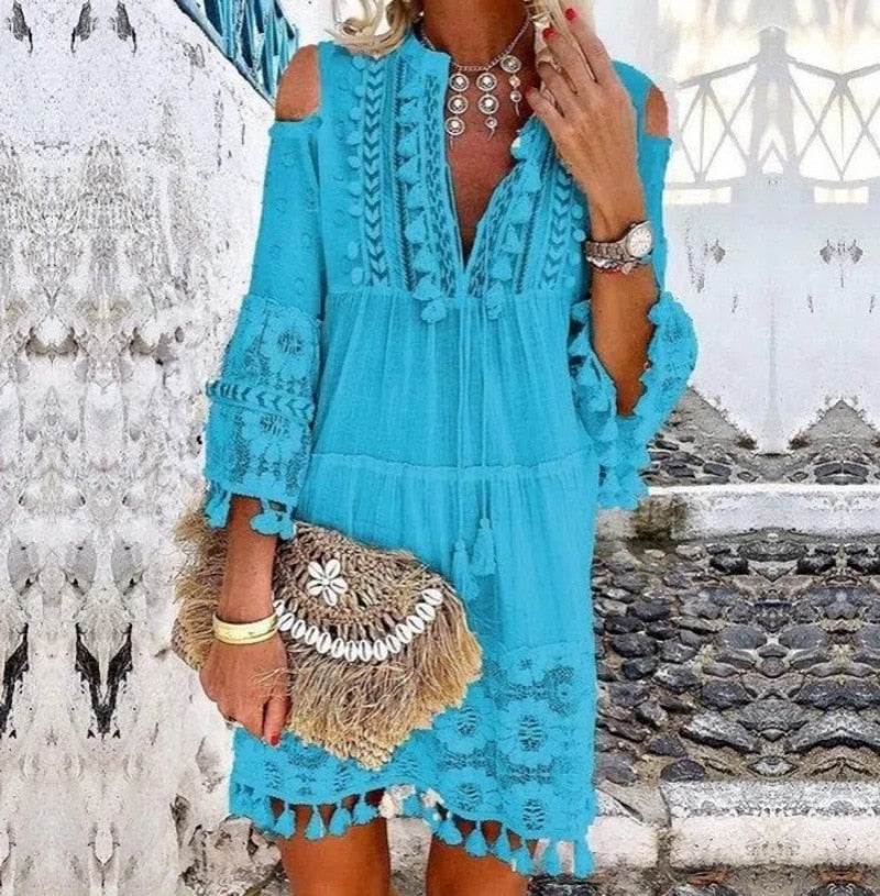 Seven Sleeve Loose Fit Tassel Boho Dress