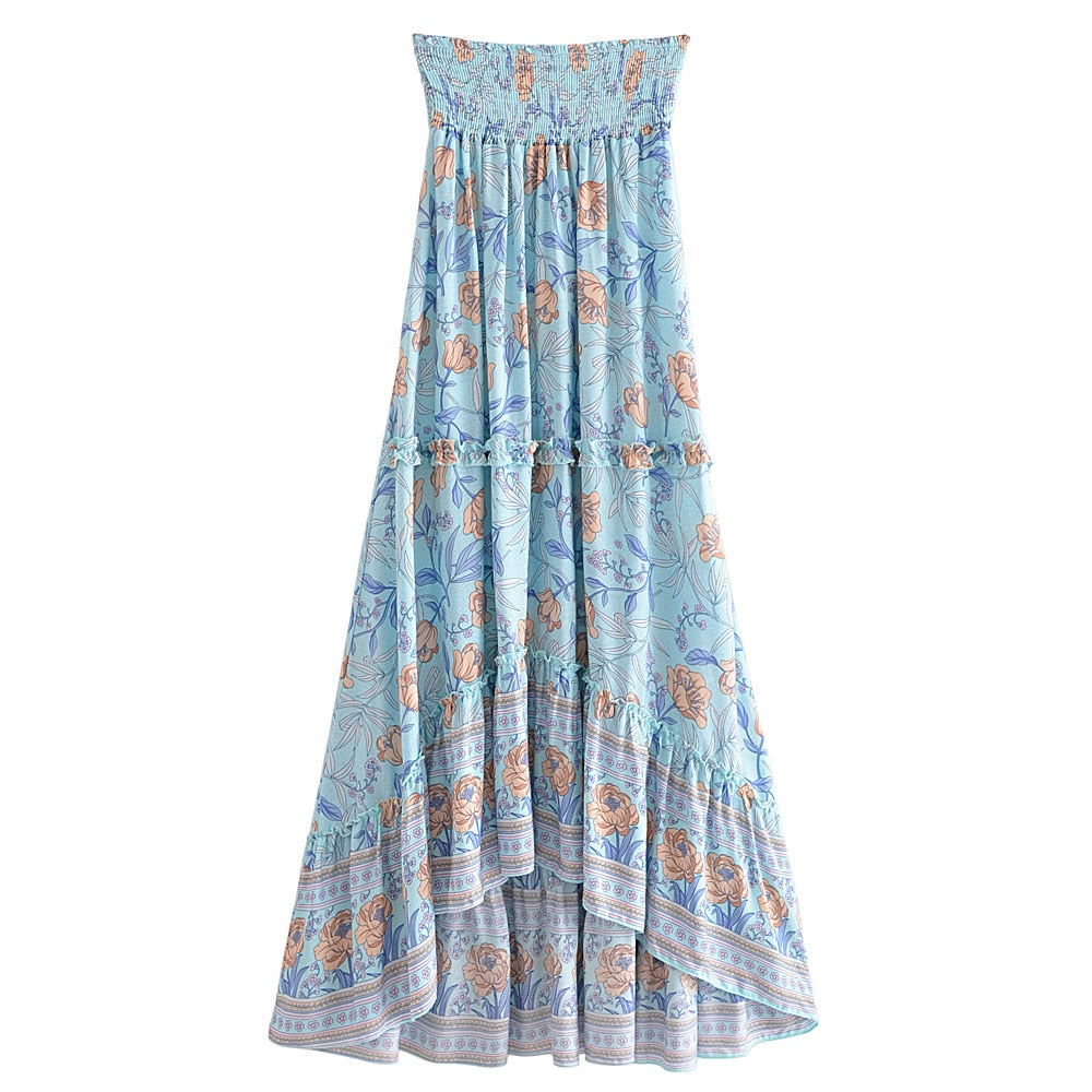 Vintage Floral Peacock Print High Elastic Waist Maxi Skirt