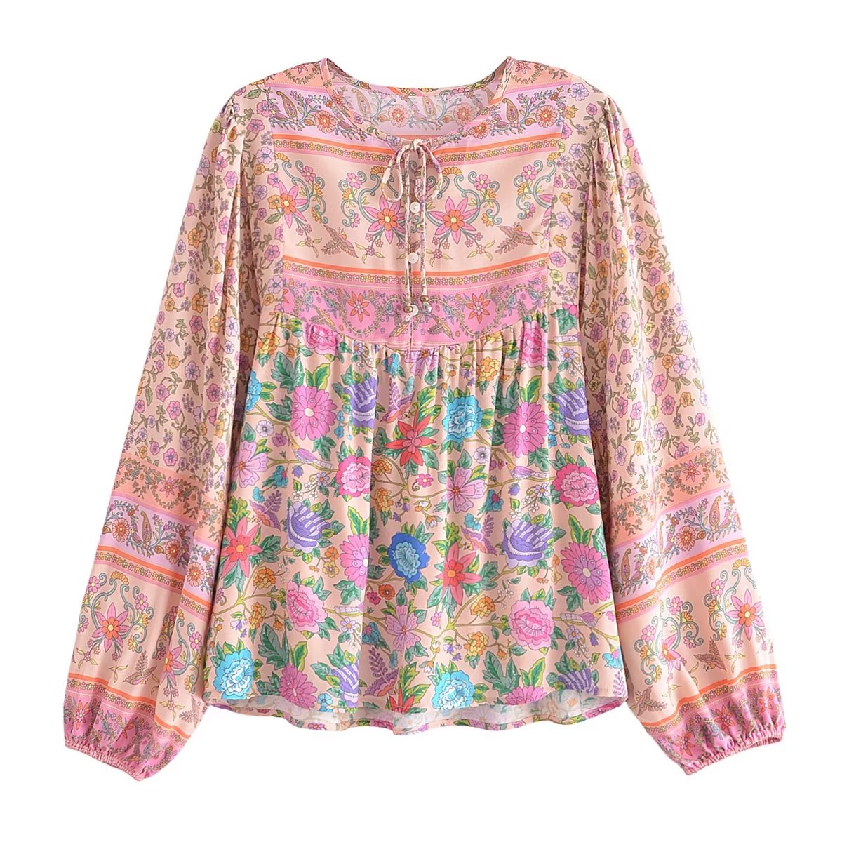 Vintage Pink Floral Tie Neck Tassel Loose Blouse