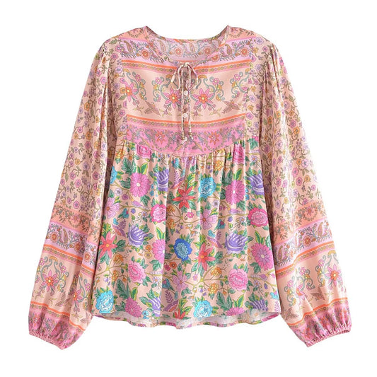 Vintage Pink Floral Tie Neck Tassel Loose Blouse