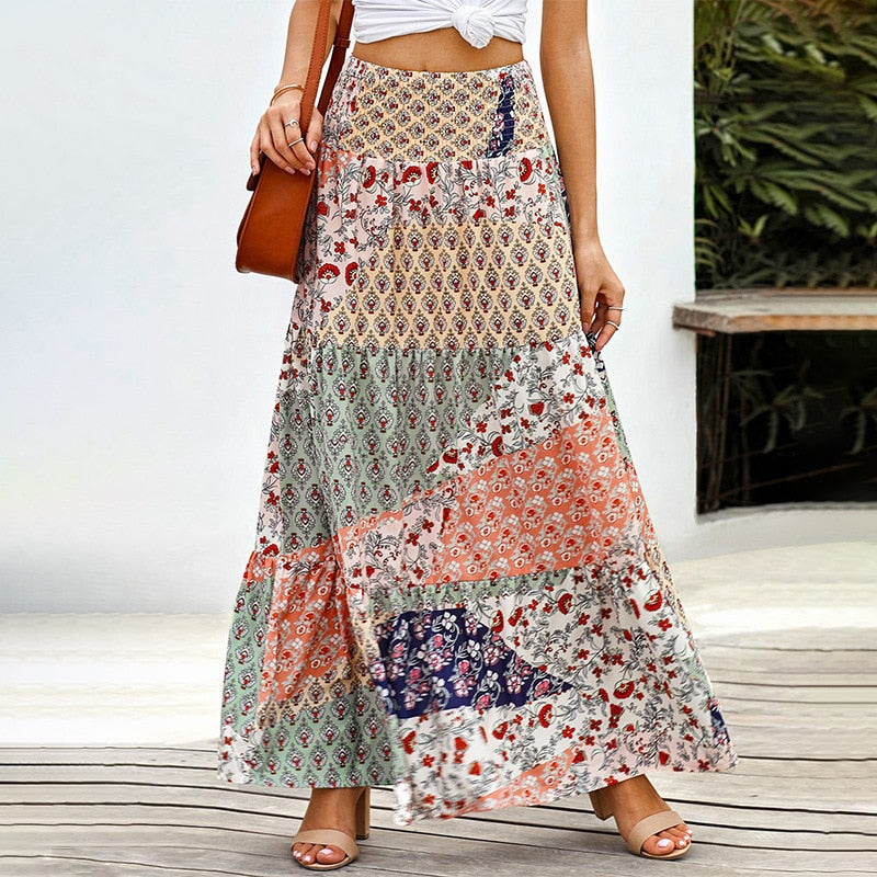 Boho Floral Big Swing High Waist Maxi Loose Skirt
