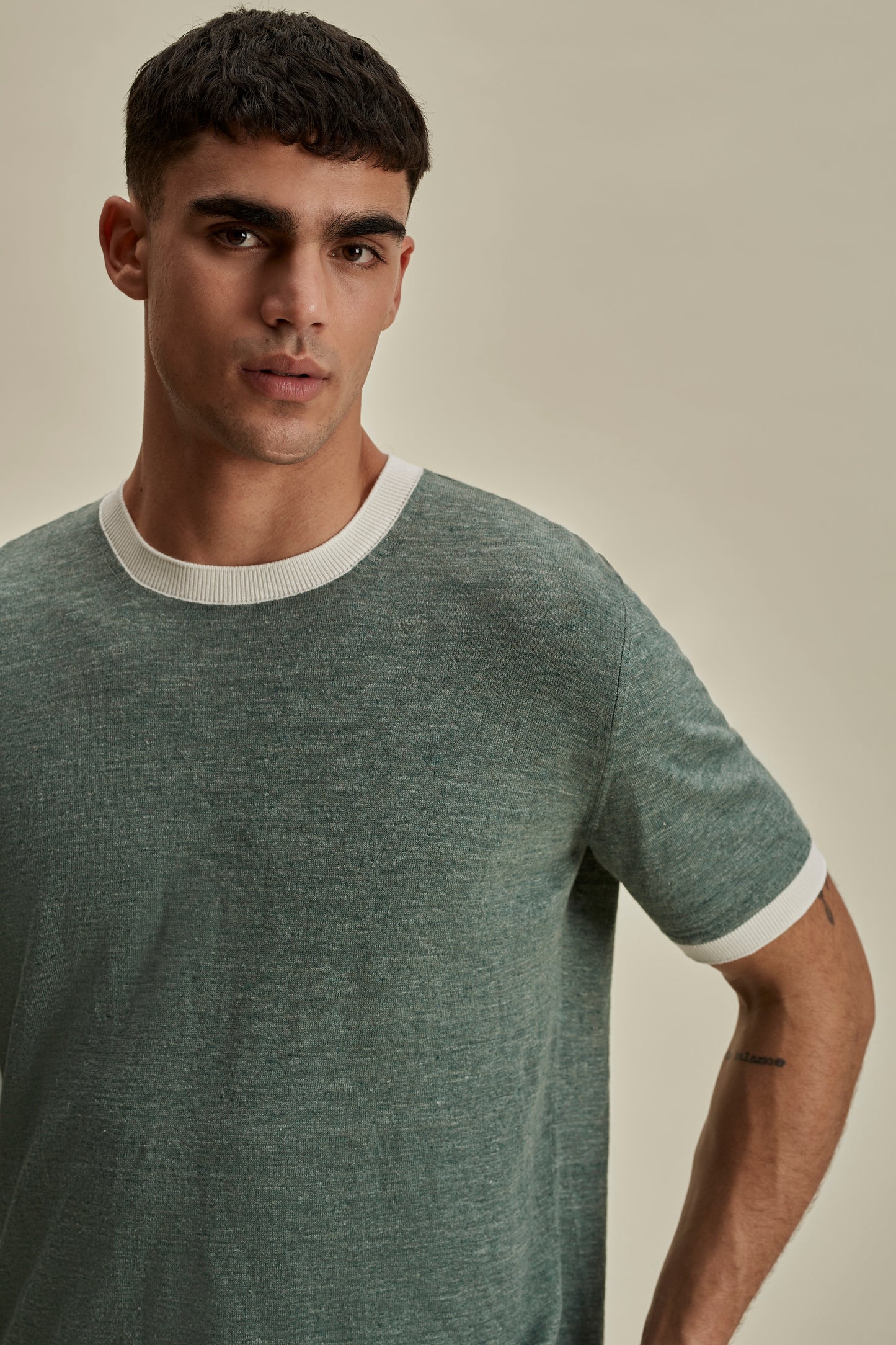 Linen Cotton Contrast Rib T-Shirt