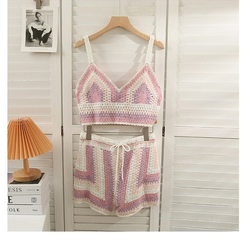 Boho Style Crochet Knitted Beachwear Two Piece Set