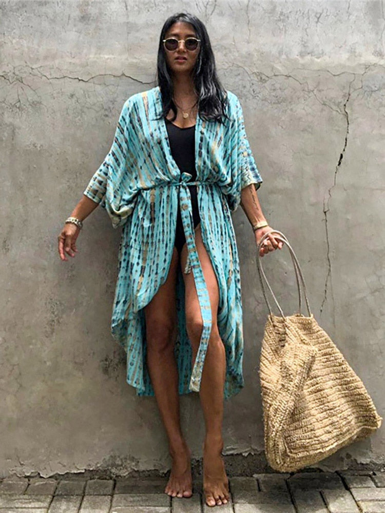 Boho  Stripes Tie Dye Bikini Cover-ups Beach Kimono Dress