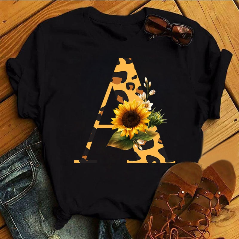 Leopard Sunflower Letter Print T- Shirt