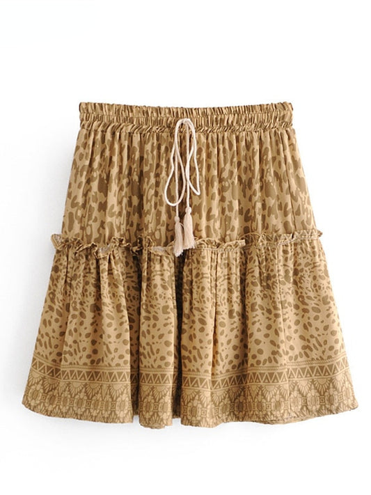 Summer Leopard Ruffles Tassel Pleated Skirt