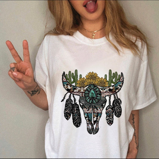 Women Leopard Skull Graphic  Cow Bull  T-shirt For Women - Size Medium