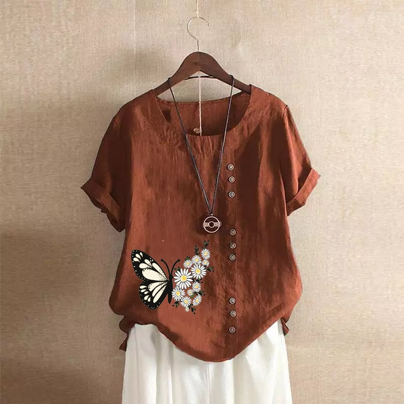 Summer Cotton Linen Femme Vetement Tshirt - size XXL