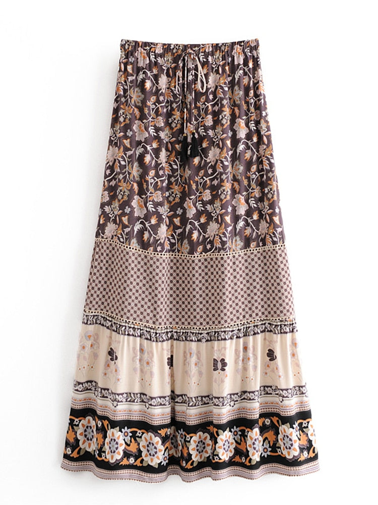 Vintage Purple Floral Print Chic High Elastic Waist Maxi Skirt