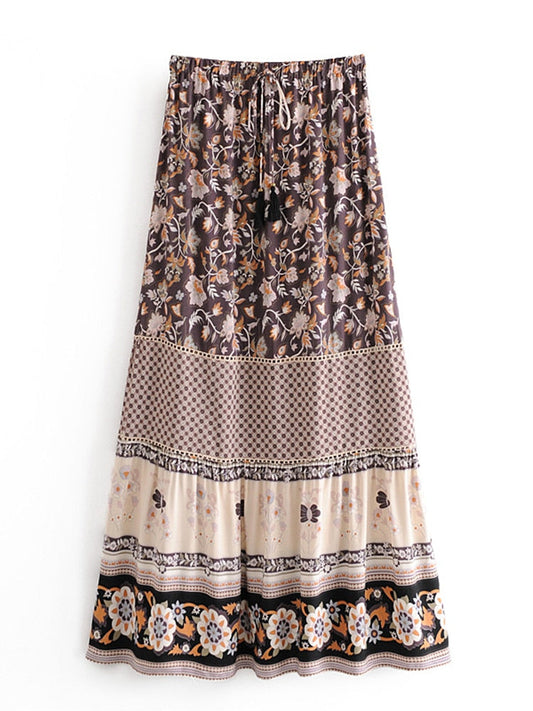 Vintage Purple Floral Print Chic High Elastic Waist Maxi Skirt