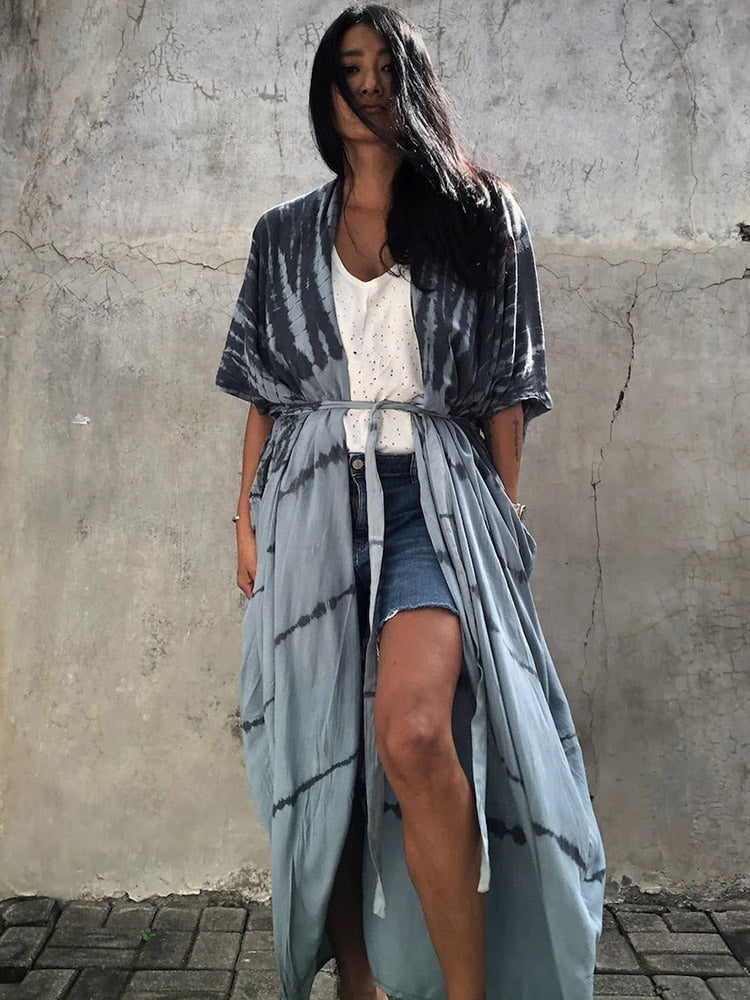Boho  Stripes Tie Dye Bikini Cover-ups Beach Kimono Dress