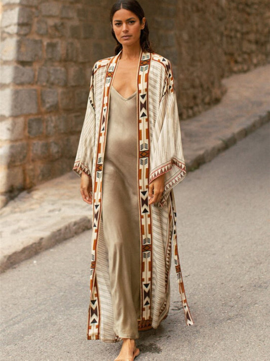 Boho Beach Beige Ethnic Print Kimono Cardigan