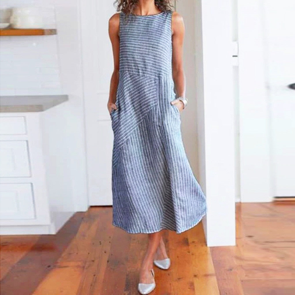 Sexy Striped Print Sleeveless Linen Pocket Sundress
