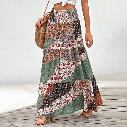 Boho Floral Big Swing High Waist Maxi Loose Skirt