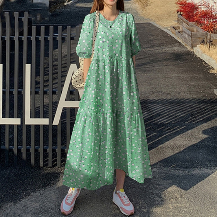 Elegant Solid Puff Sleeve Cotton Linen Dress