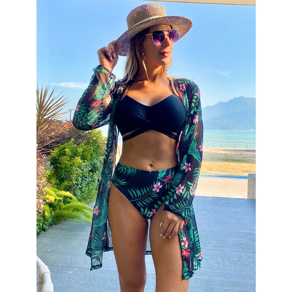 Women Printed High Waist Sexy Bikini And Cover Set - Small