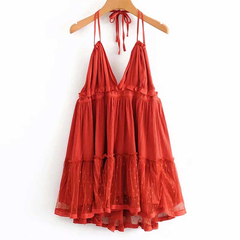 Women Cotton Lace Backless Mini Dress