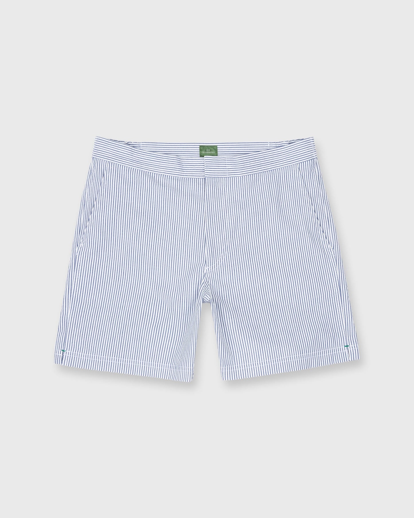 Zip-Front Mid-Length Swim Short in Blue/White Seersucker