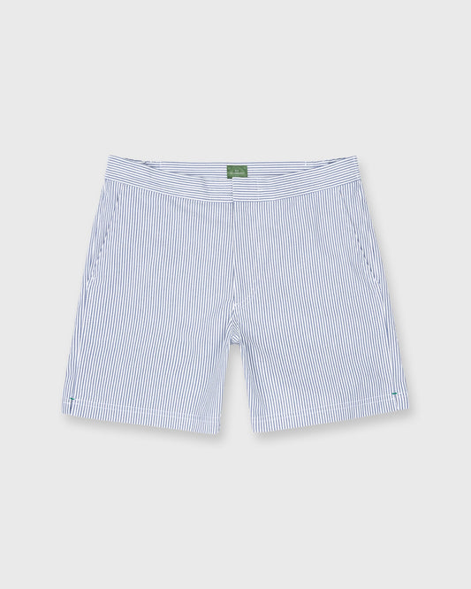 Zip-Front Mid-Length Swim Short in Blue/White Seersucker