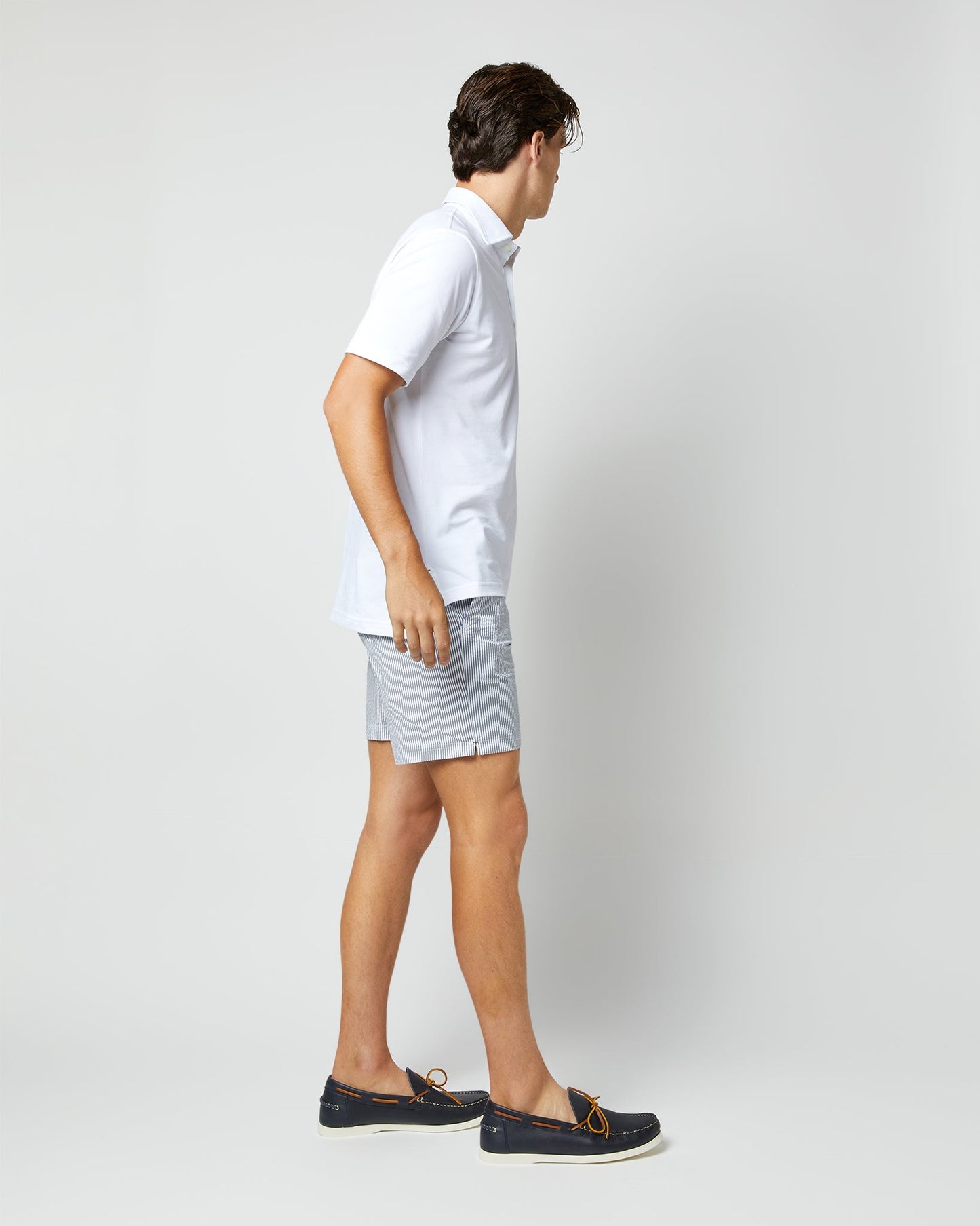 Zip-Front Mid-Length Swim Short in Blue/White Seersucker