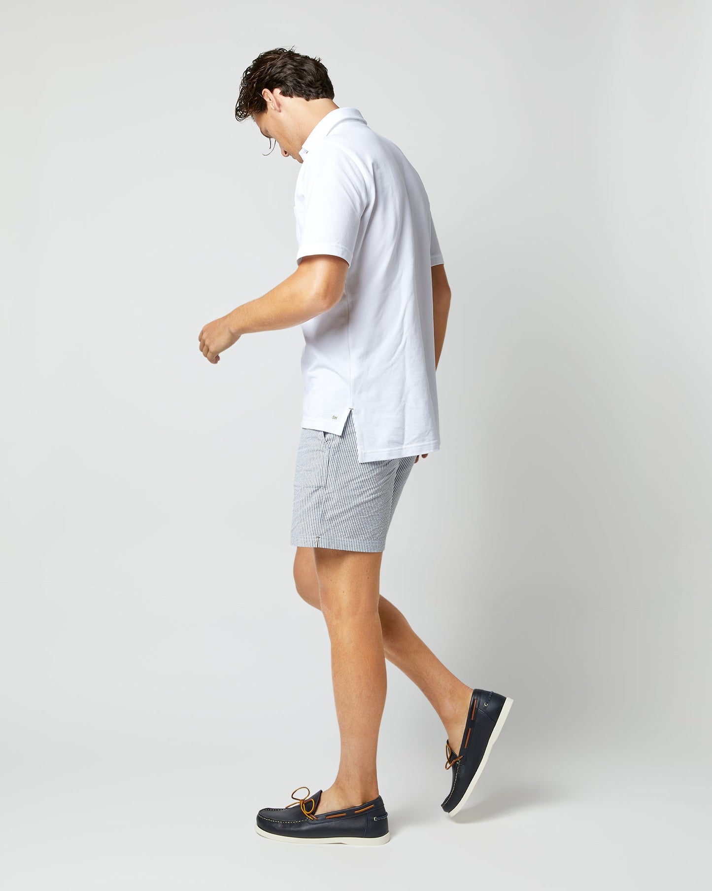 Zip-Front Mid-Length Swim Short in Blue/White Seersucker