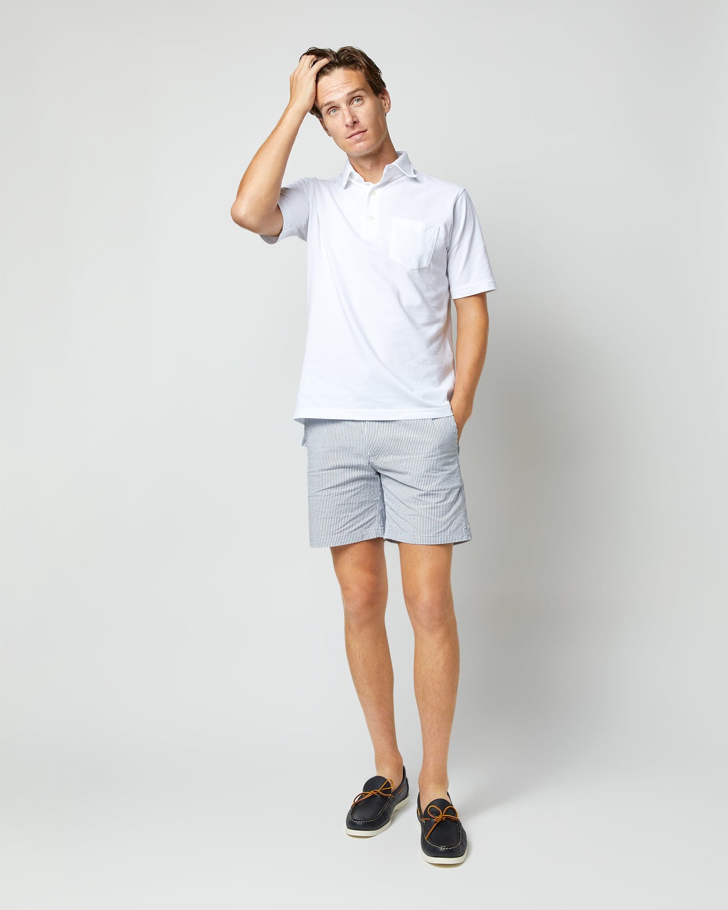 Zip-Front Mid-Length Swim Short in Blue/White Seersucker