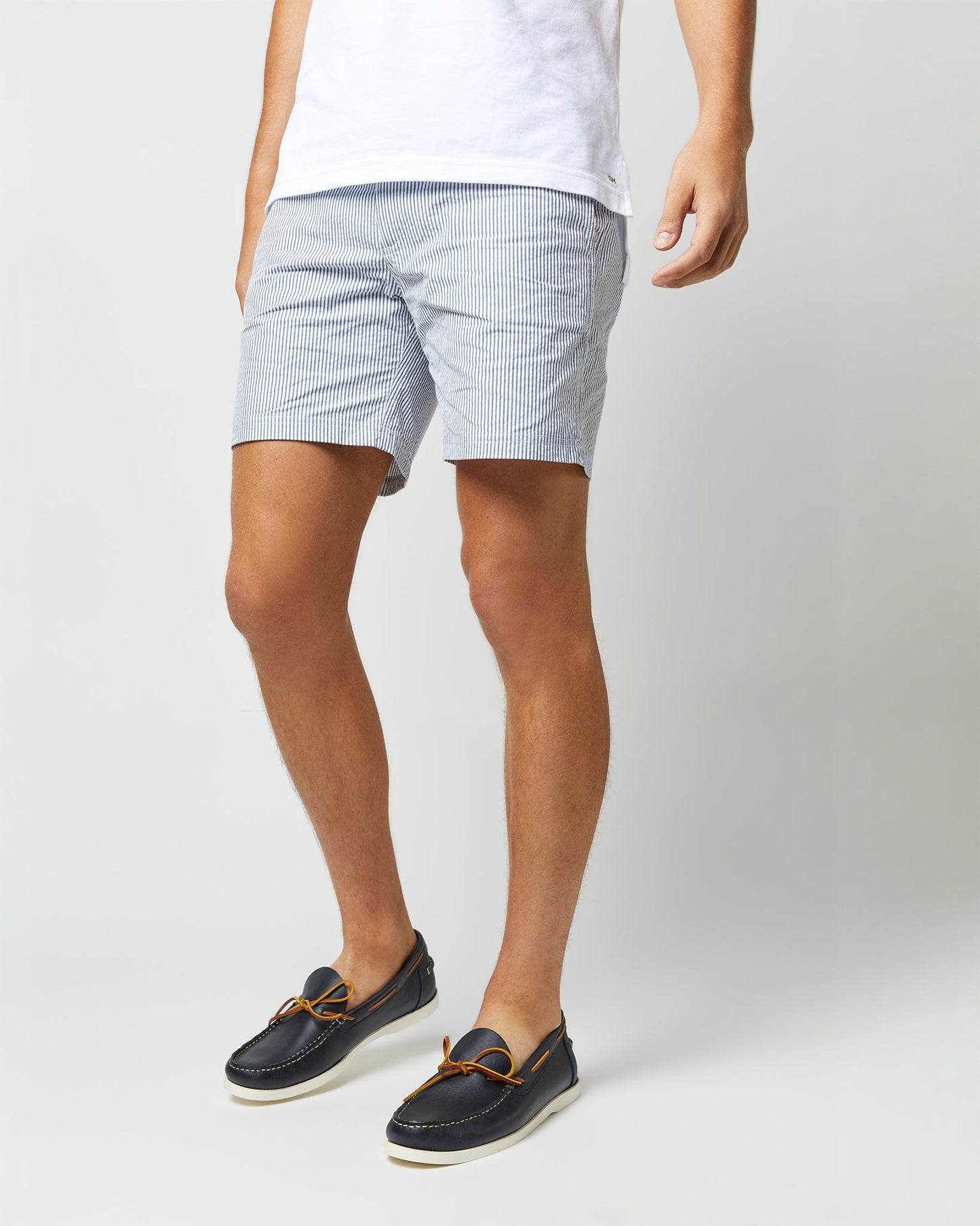 Zip-Front Mid-Length Swim Short in Blue/White Seersucker