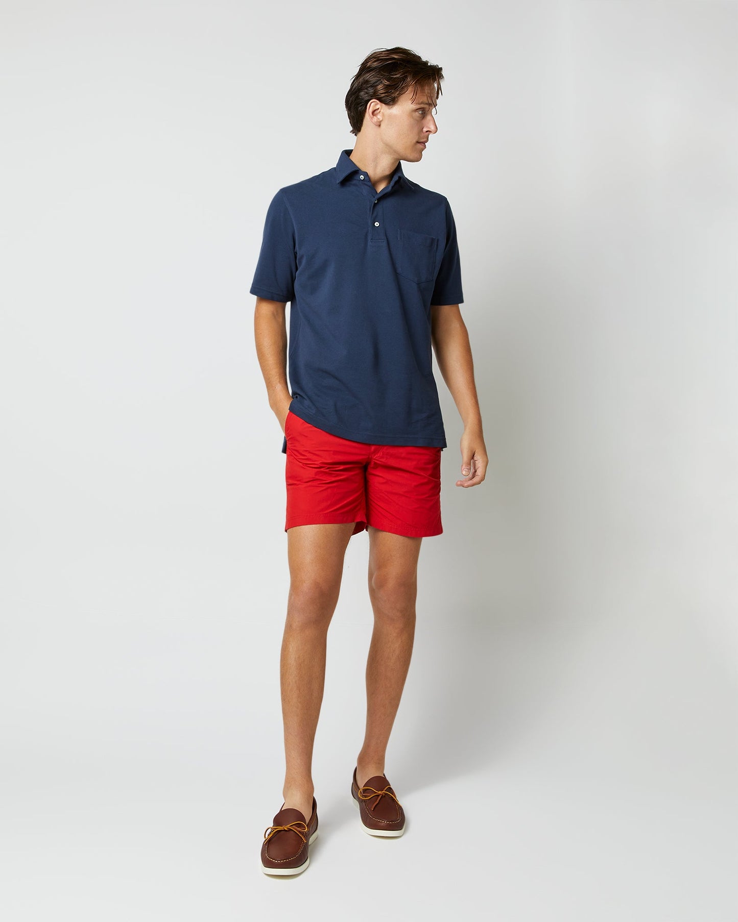 Zip-Front Mid-Length Swim Short in Red Nylon