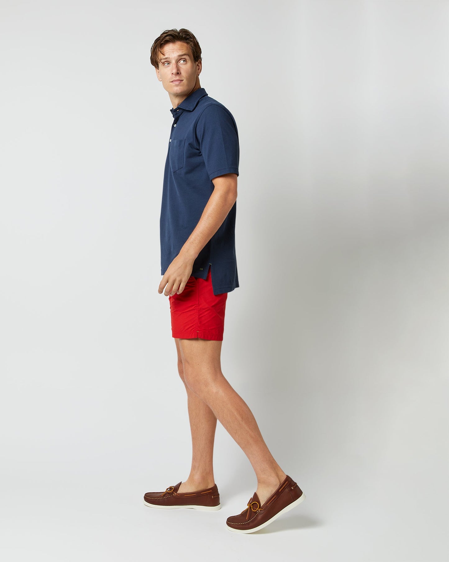 Zip-Front Mid-Length Swim Short in Red Nylon