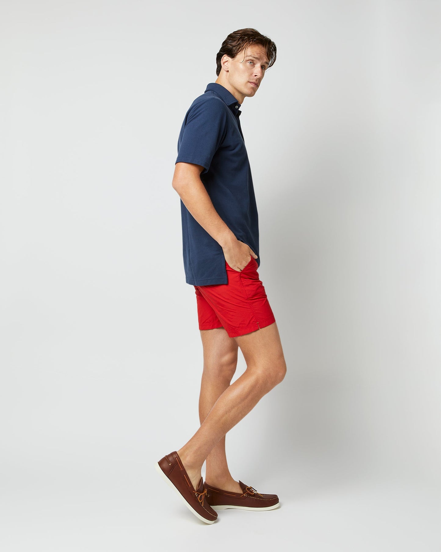 Zip-Front Mid-Length Swim Short in Red Nylon