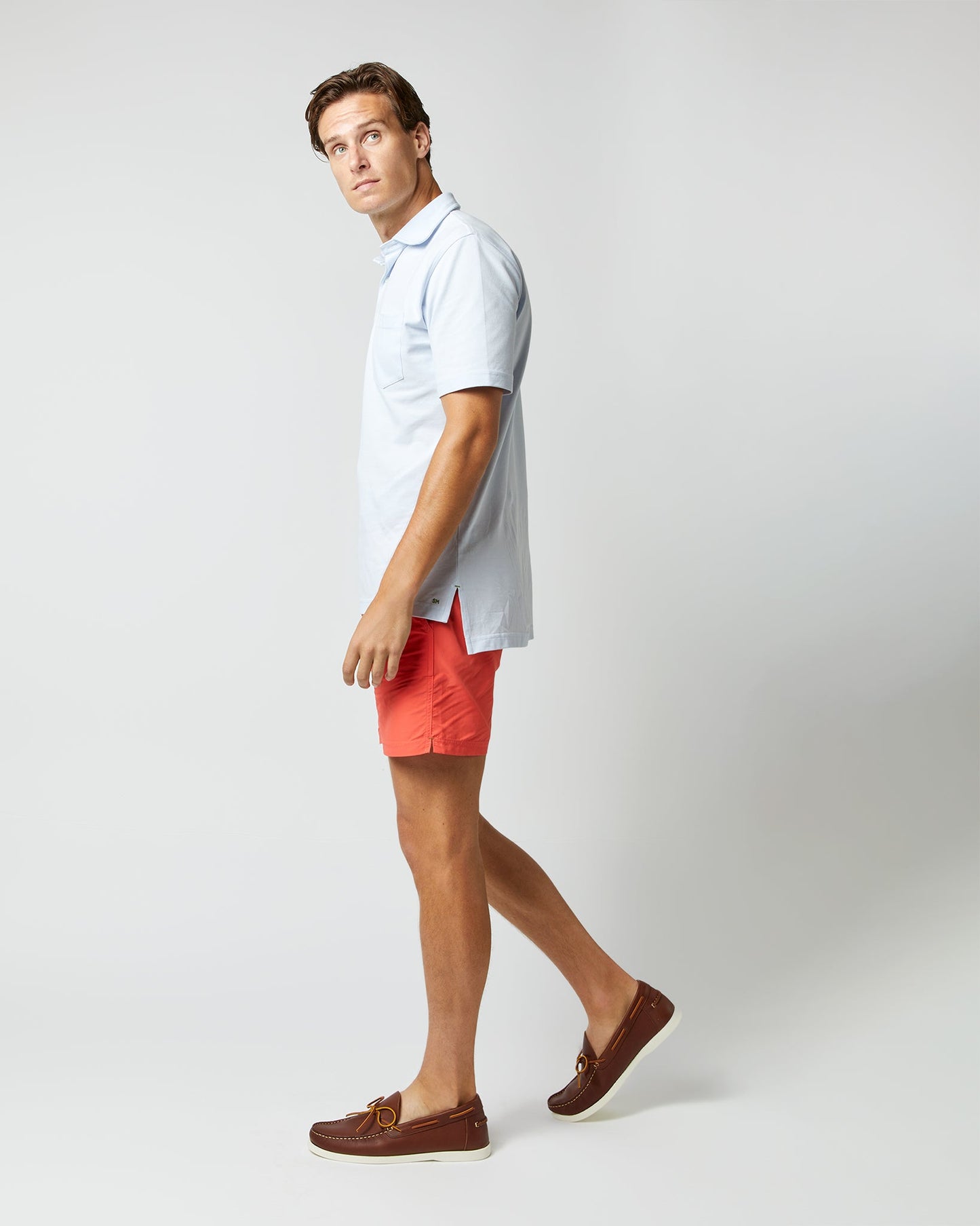 Zip-Front Mid-Length Swim Short in Coral Nylon