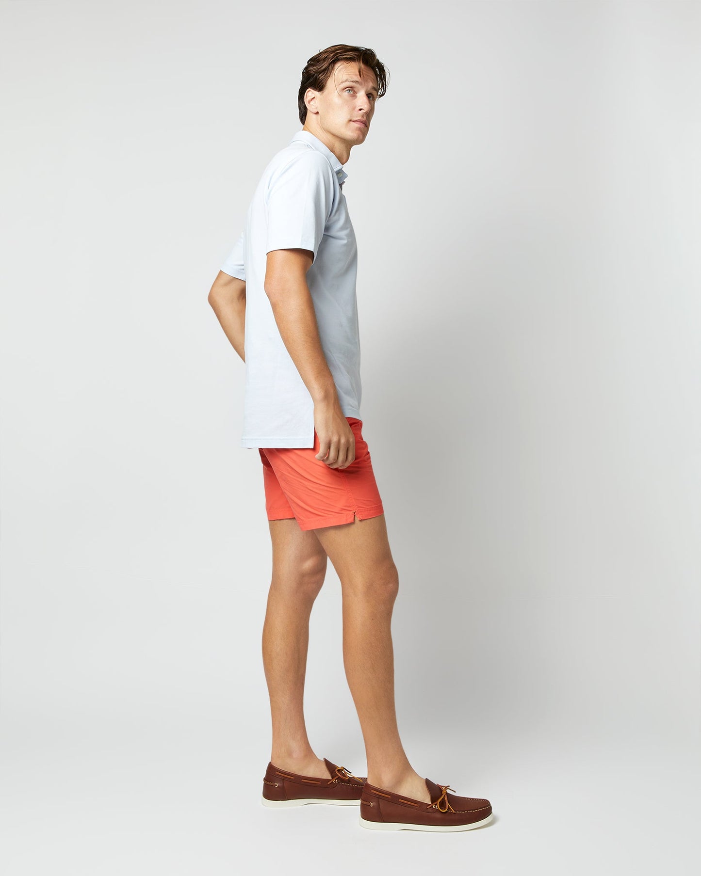 Zip-Front Mid-Length Swim Short in Coral Nylon