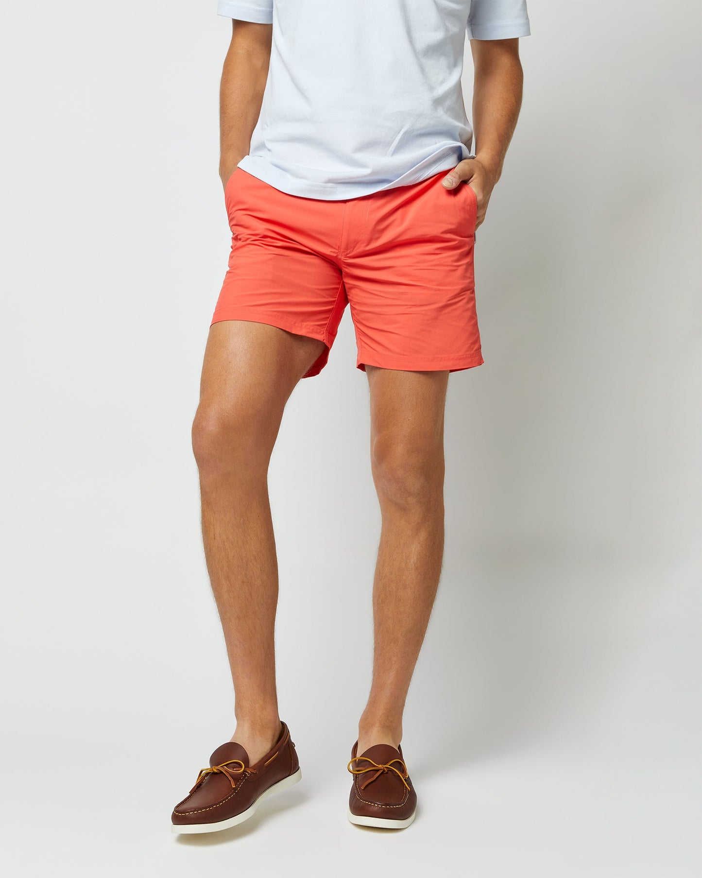 Zip-Front Mid-Length Swim Short in Coral Nylon