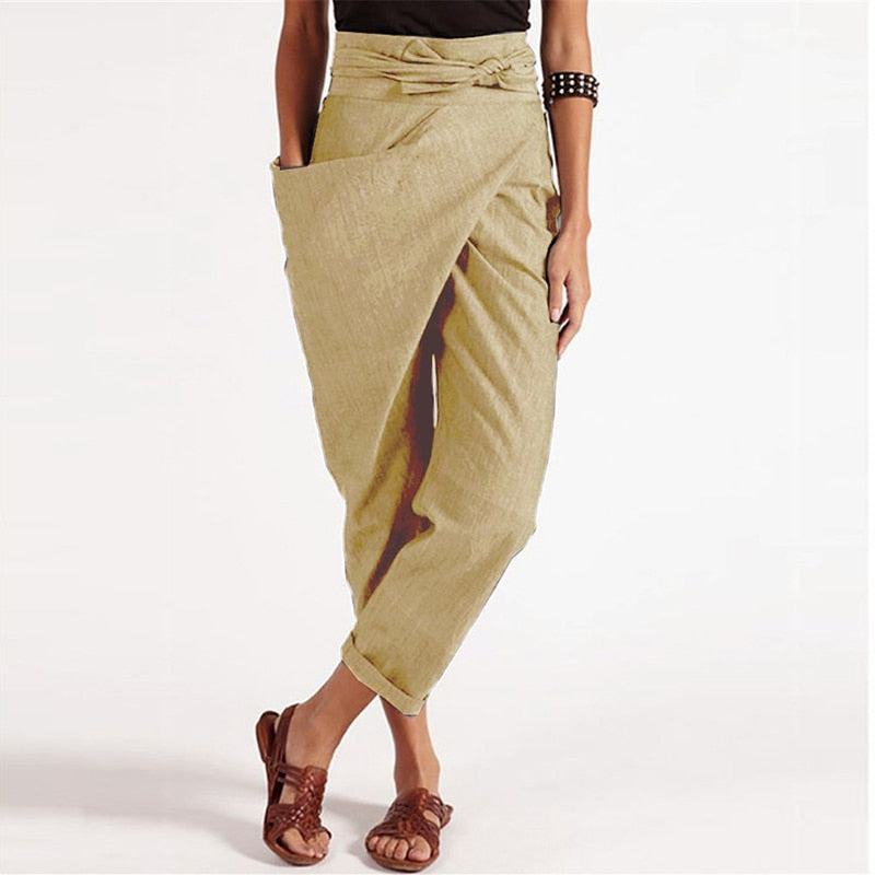 Solid Color Irregular Lacing Loose Cropped Trousers