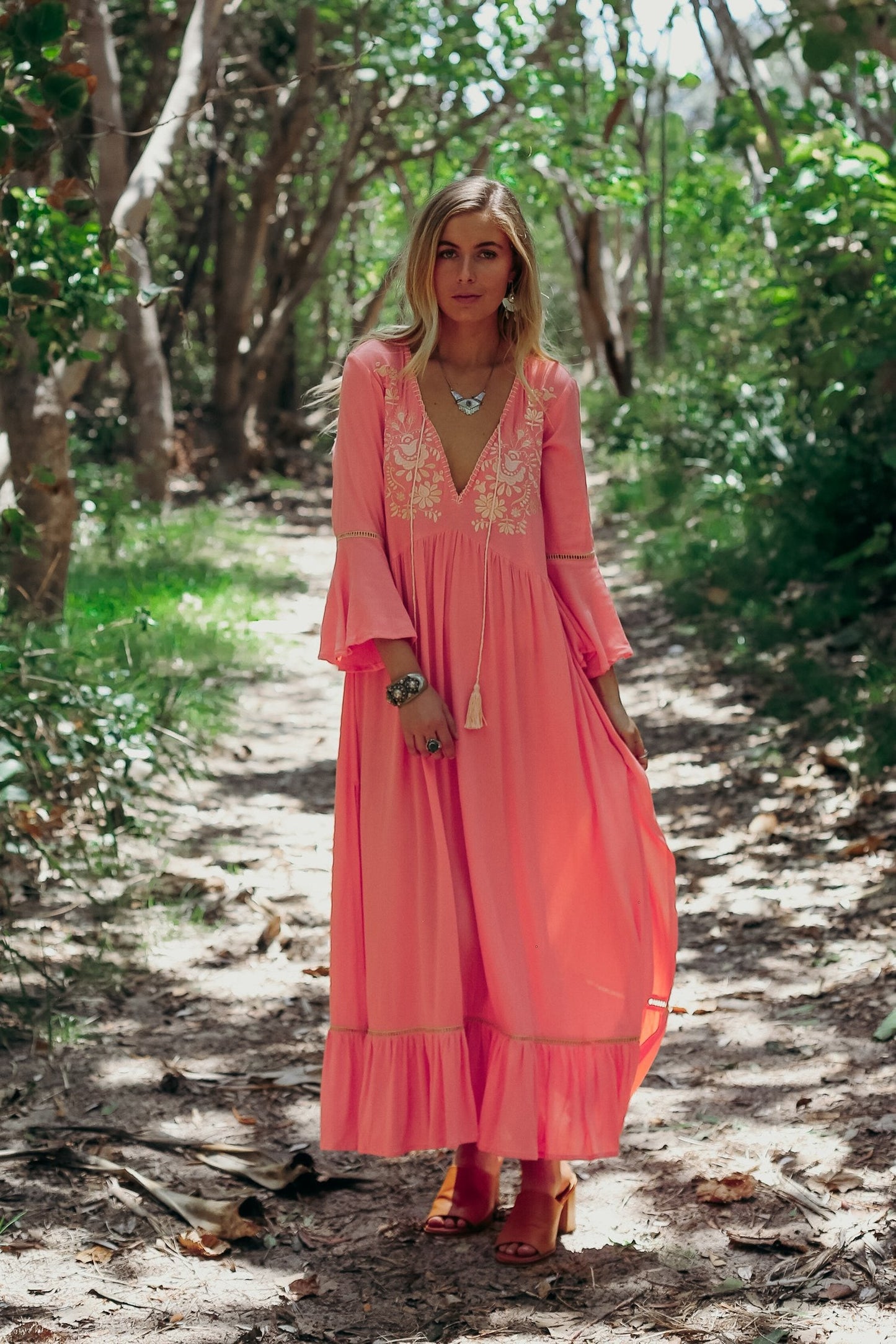 Vintage V Neck 3/4 Split Hem Maxi Floral Dress