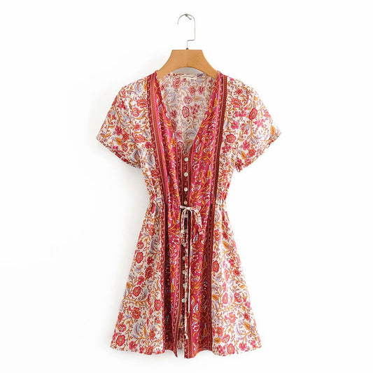 Rayon Cotton Short-sleeve Lace-up Button Mini Dress