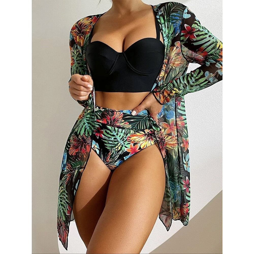 Women Printed High Waist Sexy Bikini And Cover Set - Large