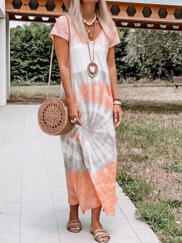 Casual Fashion Short Sleeve Long Tie Dye Printed Slit Dress
