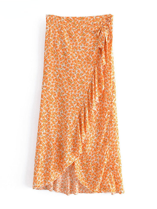 Floral Yellow Ruffles Asymmetrical Maxi Boho Skirt