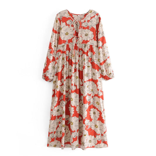 Ethnic Multi Floral Chic Tie Neck Ladies Rayon Maxi Boho Dress