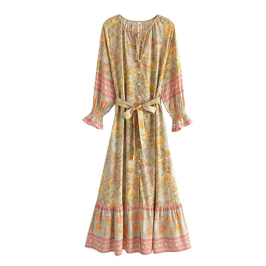 Floral Print Tide Bow Sashes Center Button Maxi Dress Robe