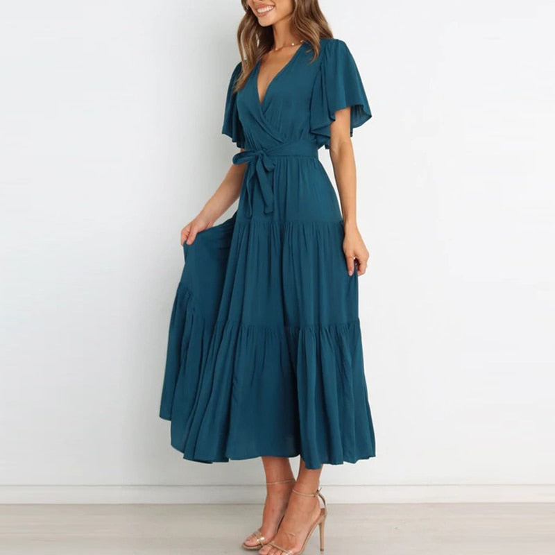 Summer Lace-up Ruffled High Waist Bohemia Dress