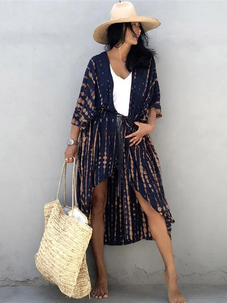 Boho  Stripes Tie Dye Bikini Cover-ups Beach Kimono Dress