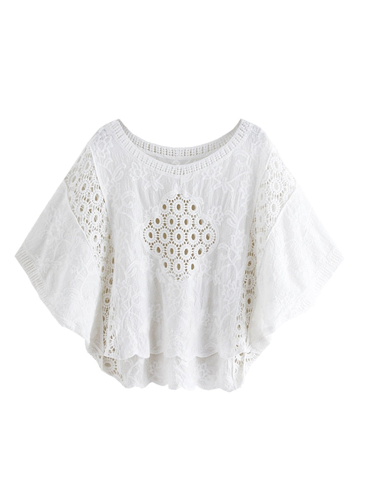 Women's Lace Embroidery  Loose Batwing Sleeve White Shirt