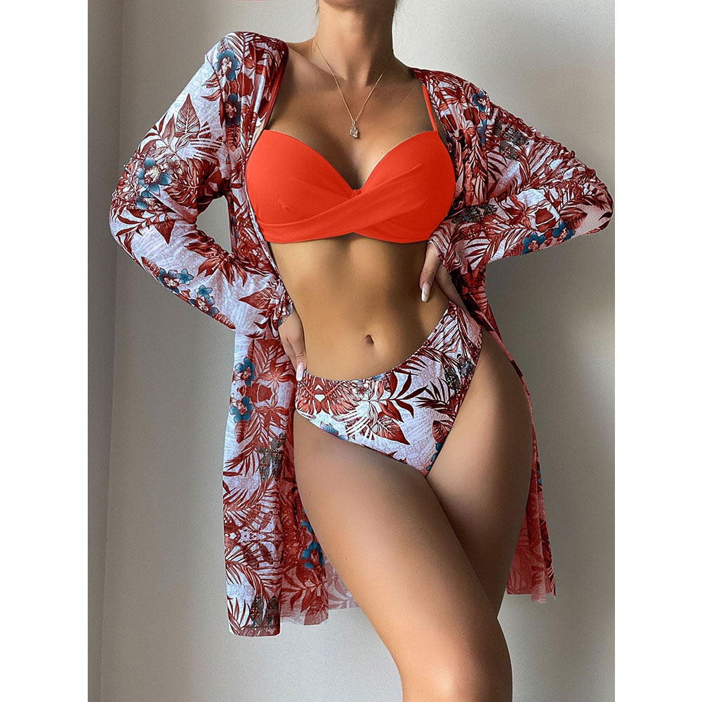 Women Printed High Waist Sexy Bikini And Cover Set - XL