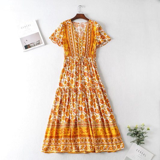 Boho Yellow Floral Print Front Button Midi Dress