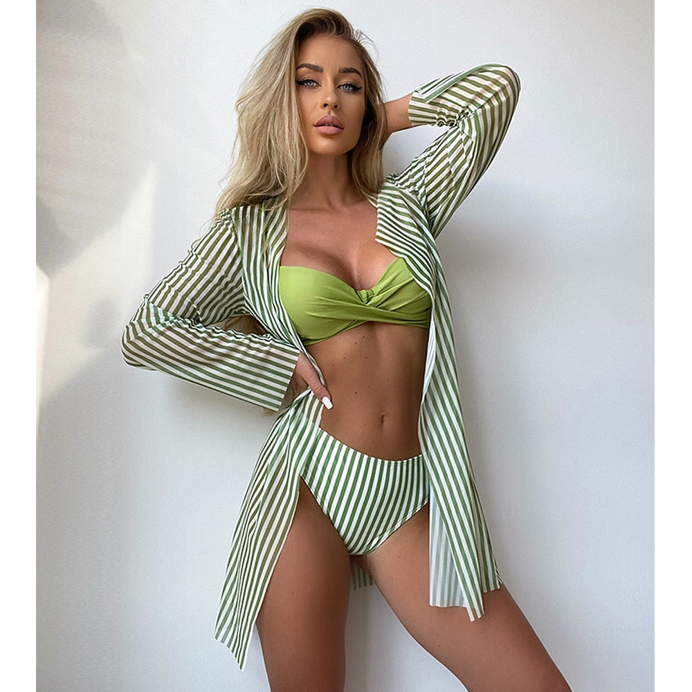 Women Printed High Waist Sexy Bikini And Cover Set - Large